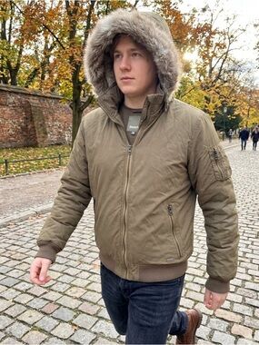 Bench Olive Hooded Bomber Jacket with Faux Fur Trim